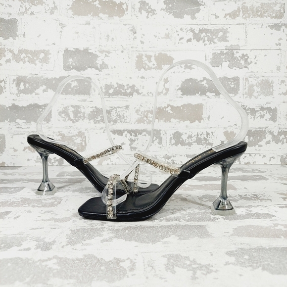 New CHASE & CHLOE Double Rhinestone Pyramid Heel Sandal In Black Silver D702 - Picture 4 of 12